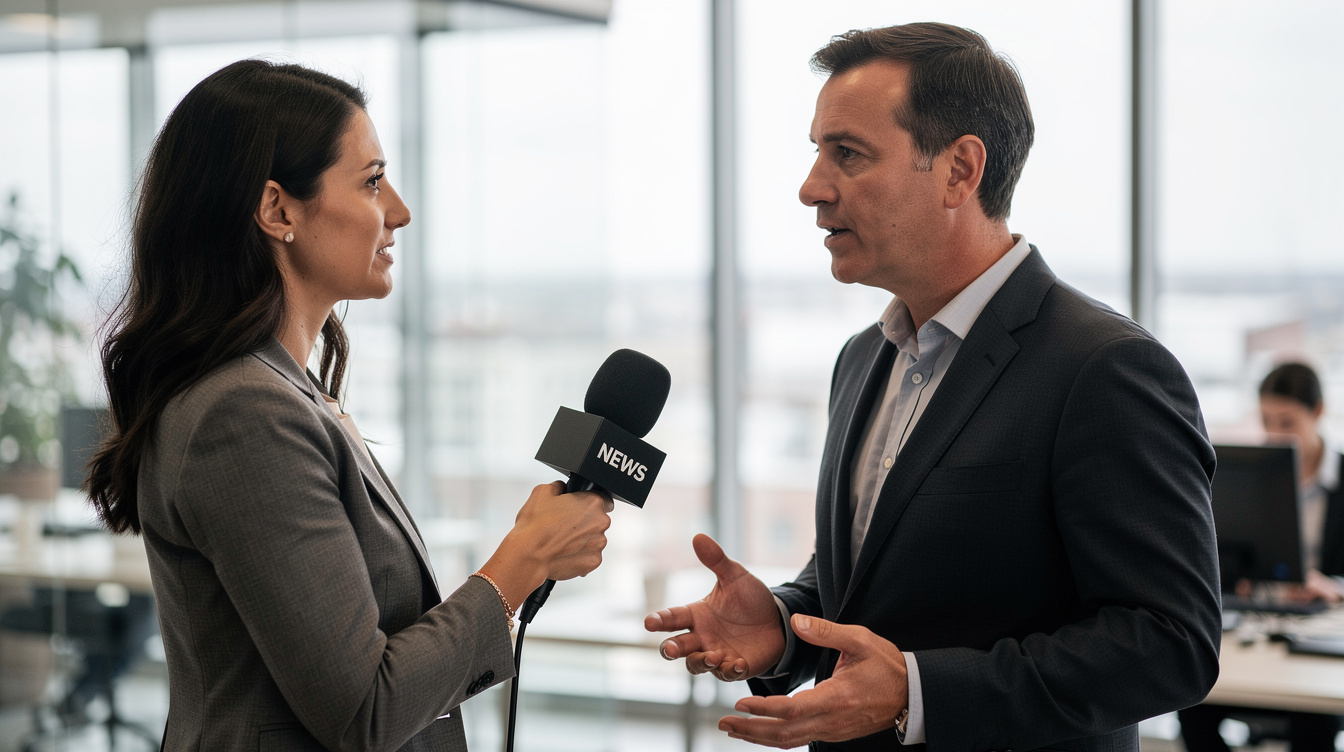 Journaliste interviewant un dirigeant d'entreprise